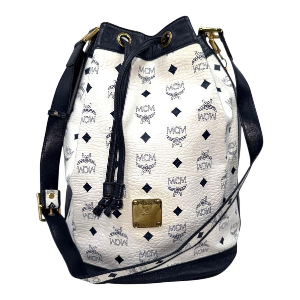 MCM Visetos Drawstring Bucket Bag – Ivory & Navy